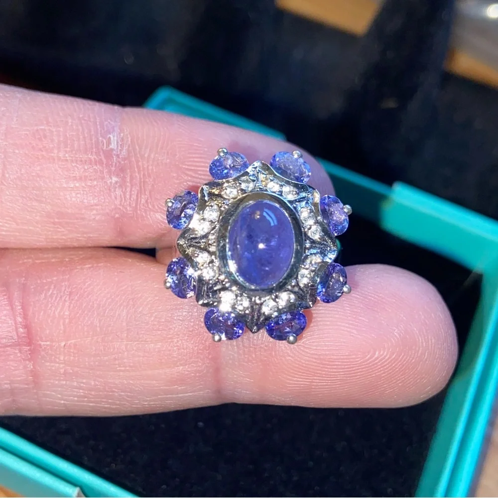 Sterling 925 Cabochon Tanzanite & Diamond Statement Cocktail Ring Size 7 - Picture 5 of 14
